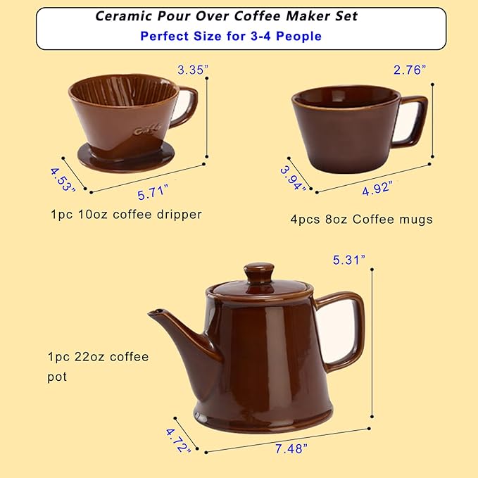 Wild Lily's Spring 22 Oz Vintage Ceramic Pour Over Coffee Maker Set with 4 Coffee Mugs, Ceramic Coffee Pot & 3-Hole Dripper Set, Perfect for 3-4 People at Home, in Cafés and Restaurants (Caramel)