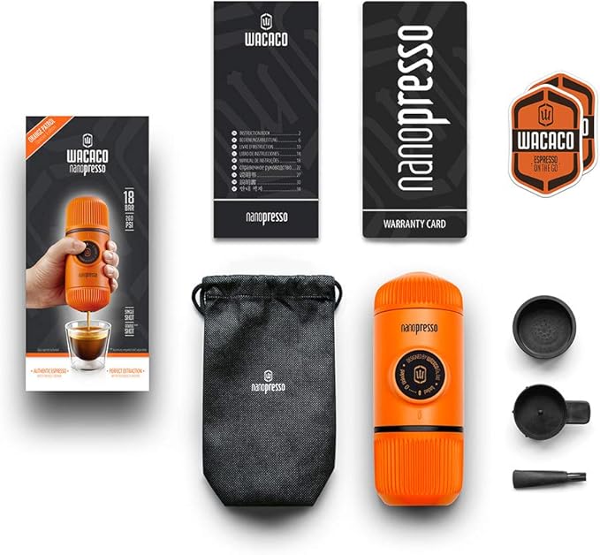 WACACO Nanopresso Portable Espresso Maker, Upgrade Version of Minipresso, 18 Bar Pressure, Small Travel Coffee Machine, Manually Operated, Perfect for Kitchen and Office, Orange