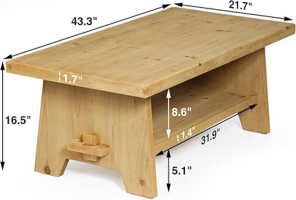 Farmhouse Wood Coffee Table - 43.4” Mid Century Modern Wooden Coffee Tables for Living Room, Solid Firwood Tabletop Rectangle Coffee Table, Center Table for Living Room, Natural Wood Color