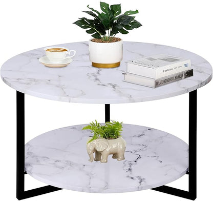 Modern Coffee Table,Faux Marble Tables,Small Round Coffee Tables with Shelf, Marble Coffee Table,Circle Center Table Low Coffee & Tea Table for Living Room Modern