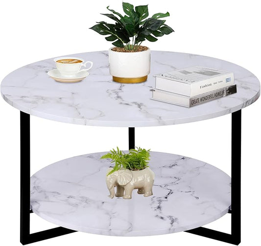 Modern Coffee Table,Faux Marble Tables,Small Round Coffee Tables with Shelf, Marble Coffee Table,Circle Center Table Low Coffee & Tea Table for Living Room Modern