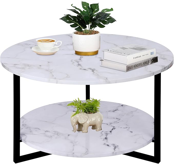 Modern Coffee Table,Faux Marble Tables,Small Round Coffee Tables with Shelf, Marble Coffee Table,Circle Center Table Low Coffee & Tea Table for Living Room Modern