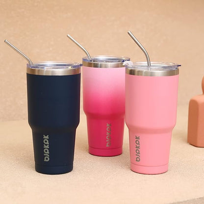 BJPKPK 30oz Stainless Steel Vacuum Insulated Tumbler Set Double Wall Travel Mug Coffee Cup with Metal Straws, Splashproof Lids,Coral