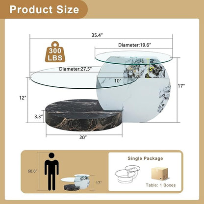 35 Inch Glass Coffee Table，Round Coffee Table with 2-Tier Tempered Glass Tabletop，Easy to Clean Circle Coffee Table with Sturdy Base for Living Room，Office (White & Black Marble Colored Base)
