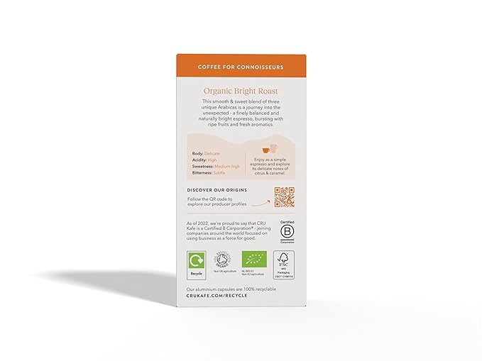 Cru Kafe Bright Roast USDA Organic Espresso Coffee Capsules (50 Pods) Fairtrade Coffee Pods Compatible with Nespresso Original Line and Pixie Machines