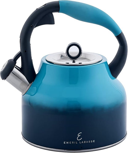 Emeril Lagasse 2.6 Quart/2.5 Liter Whistling Tea Kettle, Stainless Steel Tea Pot for Induction Stove Top, Fast to Boil Water for Home Kitchen Condo, with Ergonomic Cool Grip Handle, Blue
