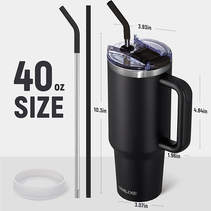 40 oz Tumbler with Handle and Straw Lid,Insulated Reusable Stainless Steel Water Bottle Travel Mug，Cupholder Friendly Double Wall Vacuum Sealed Cup (Black)