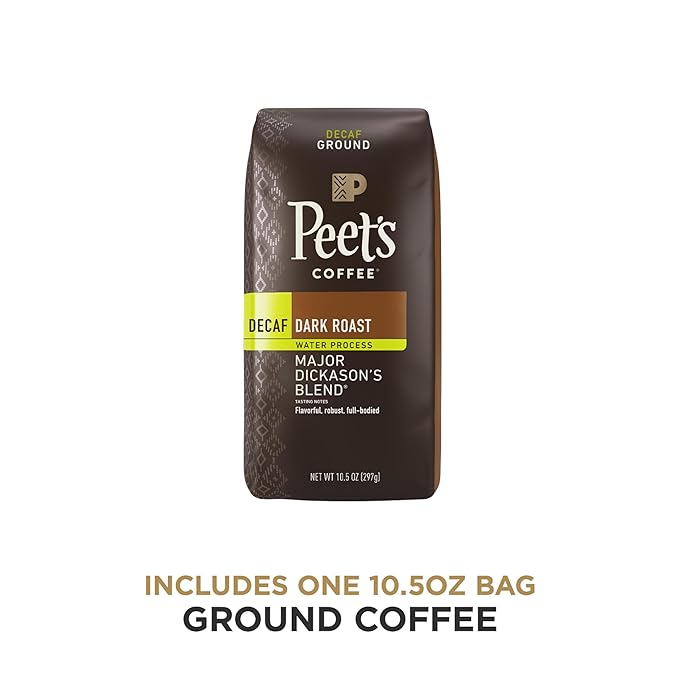 Peet's Coffee, Dark Roast Decaffeinated Ground Coffee - Decaf Major Dickason's Blend 10.5 Ounce Bag (Pack of 2)