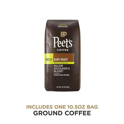 Peet's Coffee, Dark Roast Decaffeinated Ground Coffee - Decaf Major Dickason's Blend 10.5 Ounce Bag (Pack of 2)