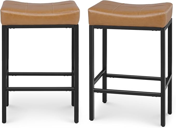 Athena Collection Counter Height Bar Stools Set of 2, 31.5 Inches Saddle Bar Stools with Leather Upholstered and Metal Legs, Backless Barstools for Counter, Kitchen Island, Dining Room, Brown