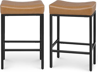 Athena Collection Counter Height Bar Stools Set of 2, 31.5 Inches Saddle Bar Stools with Leather Upholstered and Metal Legs, Backless Barstools for Counter, Kitchen Island, Dining Room, Brown