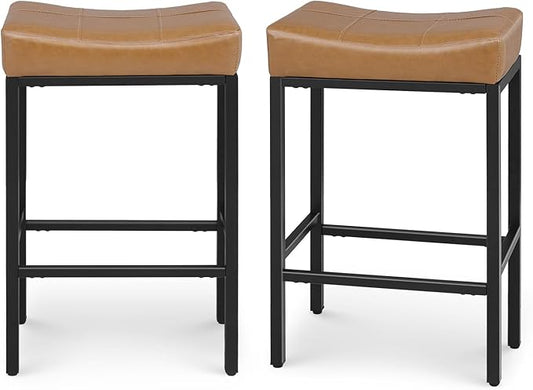 Athena Collection Counter Height Bar Stools Set of 2, 31.5 Inches Saddle Bar Stools with Leather Upholstered and Metal Legs, Backless Barstools for Counter, Kitchen Island, Dining Room, Brown