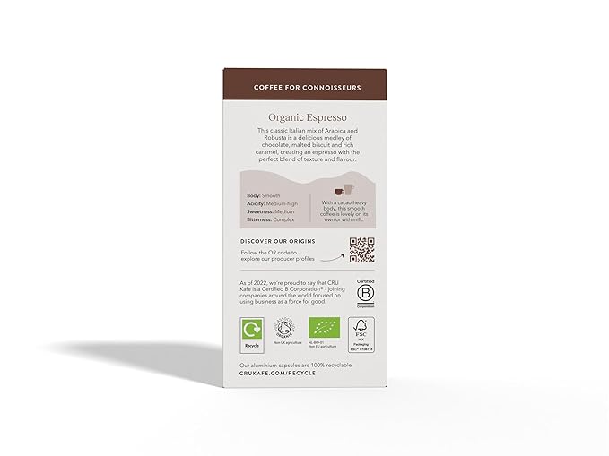 Cru Kafe Strong Espresso USDA Organic Espresso Coffee Capsules (50 Pods) Fairtrade Coffee Pods Compatible with Nespresso Original Line and Pixie Machines