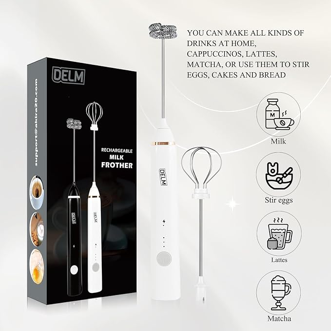 Delm Milk Frother Electric USB Stainless Steel Accessory - Frother Wand Foam Maker for Lattes - Milk Frother Handheld for Cappuccino, Frappe, Matcha, Hot Chocolate - Frother for Coffee (white)