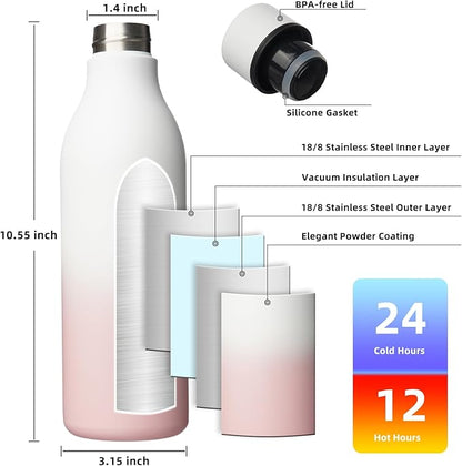 BJPKPK Insulated Water Bottles, 25 oz Stainless Steel Metal Water Bottle with Strap, BPA Free Leak Proof Jugs, Mugs, Flasks, Reusable Thermal Flasks for Sports & Travel, Graceful Pink