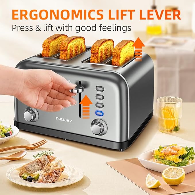 Grey Toaster 4 Slice, Dual Independent Controls, Extra Wide Slot Toasters for Bagel, Bread, Waffles, 7 Shade Settings, 4 Main Functions, Removable Crumb Tray, 1500 Watts, Grey Stainless Steel