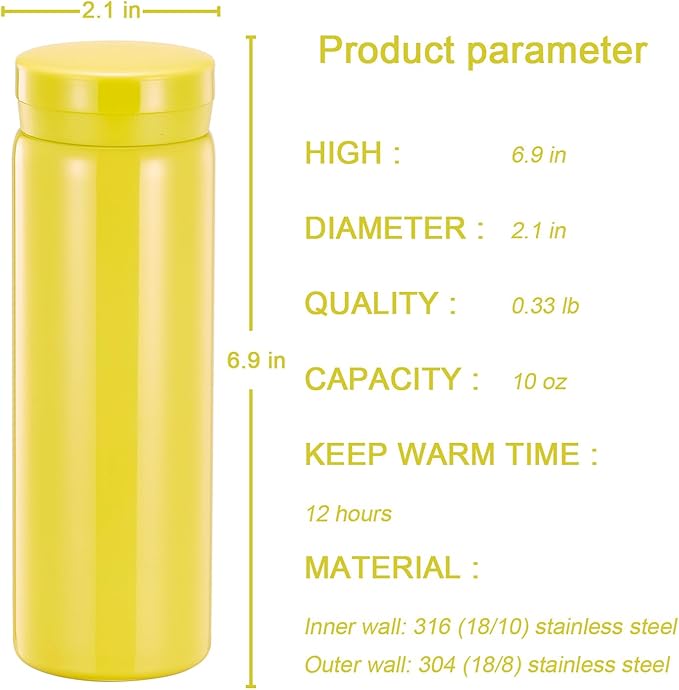 10oz Mini Water Bottle Stainless Steel Thermos Small Flask - Insulated Vacuum, Leak Proof, Keeps Drinks Hot/Cold - Ideal for Coffee, Tea, Water - Yellow