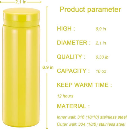 10oz Mini Water Bottle Stainless Steel Thermos Small Flask - Insulated Vacuum, Leak Proof, Keeps Drinks Hot/Cold - Ideal for Coffee, Tea, Water - Yellow