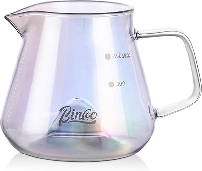 Bincoo Glass Coffee Server 400ml,Heat-Resistant Borosilicate Glass Coffee Carafe with Drip-Free Spout Clear Pitcher for Hot & Cold Beverages,Easy to Clean,Dishwasher Safe(Colorful)
