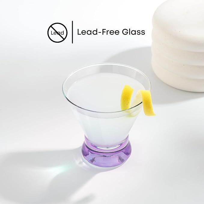 JoyJolt Hue 7.5oz Martini Glasses, Cocktail Glassware Set of 6, Colored Glass Base, Stemless Drinking Glasses for Margarita, Bar, Shrimp Cocktail, Juice