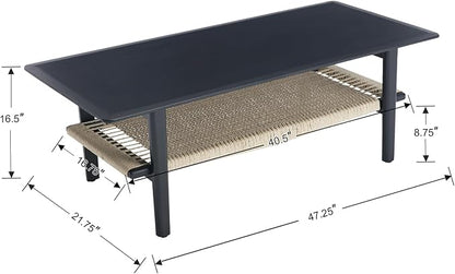 chairus Farmhouse Coffee Table Rectangular Living Room Table with Rattan Storage Solid Wood Center Table for Apartment, Home, Office, Black