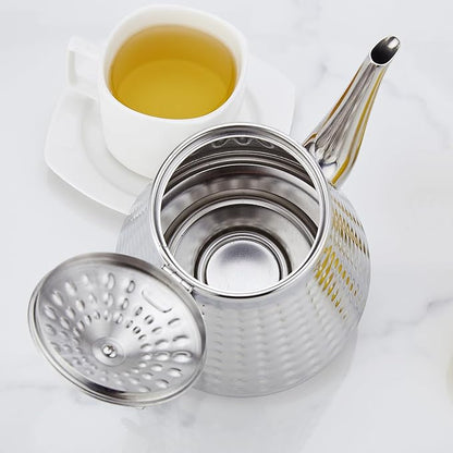 SANQIAHOME 1.6L(54oz) Stainless Steel Hammer Patterned Teapot With Removeable Infuser,Loose leaf cover,Silver