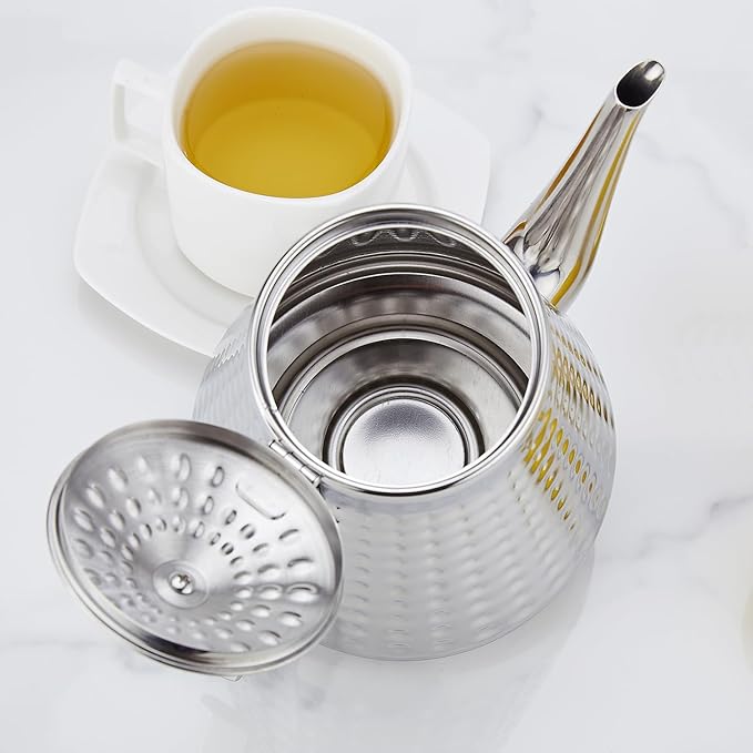 SANQIAHOME 1.6L(54oz) Stainless Steel Hammer Patterned Teapot With Removeable Infuser,Loose leaf cover,Silver