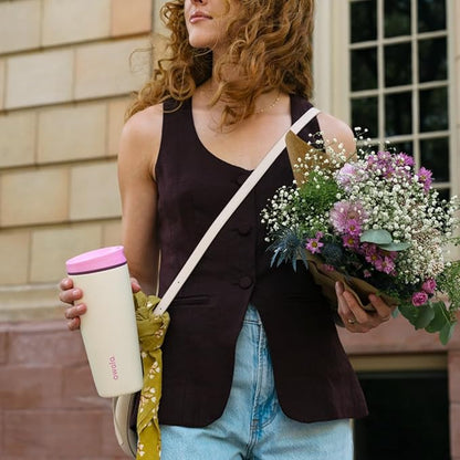 Owala SmoothSip Slider Insulated Stainless Steel Coffee Tumbler, Reusable Iced Coffee Cup, Hot Coffee Travel Mug, BPA Free 20 oz, Pink/Tan (Daybreak)