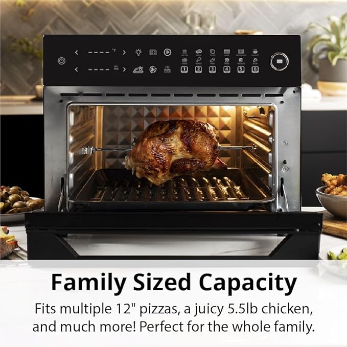 Aria 36 Qt Air Fryer Oven, Ariawave Stainless Steel Air Fryer with Rotisserie, Basket, & Grill Trays, Easy Clean Large Countertop Convection Oven, XL Touchscreen Display & Cooking Presets, Black