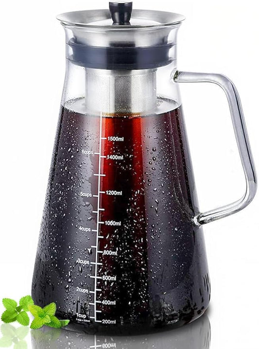 Aquach Airtight Cold Brew Coffee (Iced Tea) Maker 51oz/1.5L, BPA-Free, Durable Borosilicate Glass Pitcher and Stainless Steel Fine-Mesh Filter, Dishwasher Safe, Spill-proof, 6 Cups Capacity