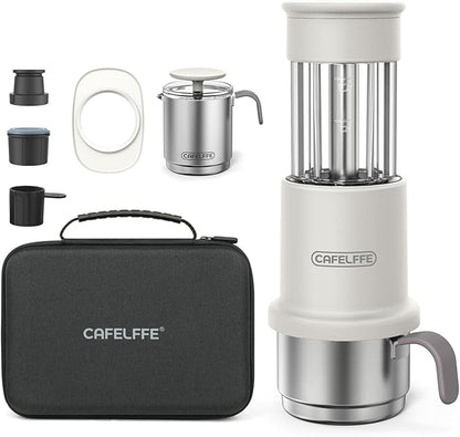 Manual Portable Coffee Maker Set with Milk Frother Cup &Carry Bag, Hand Press Espresso Machine Compatible with Nes Original Capsule/Ground for Outdoor Travel Camping Gift,White