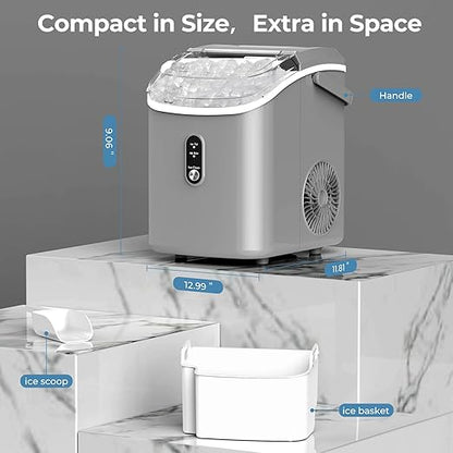 Nugget Ice Maker Countertop, 35.5Lbs/24Hrs Chewable Sonic Ice Machine with Self-Cleaning, Handle, Water Tank, Quiet Operation & Portable Pellet Ice Maker for Home, Office, Kitchen, Bar, Grey