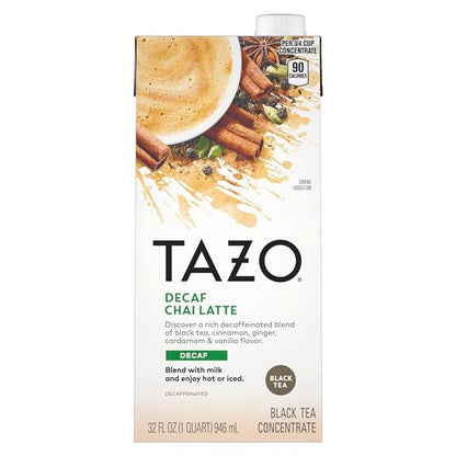 TAZO Decaf Chai Latte, Black Tea Concentrate, Easy-to-Serve Chai Tea for Everyday Lattes, Hot or Iced Tea and Mocktails, 32 oz Tea Mix Carton