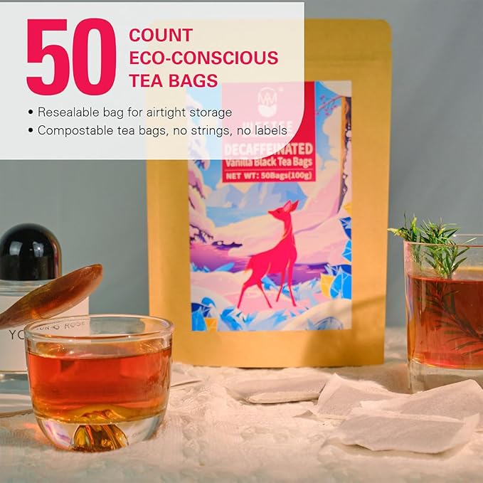 WT WEETEE Decaf Black Tea with Vanilla Flavor, 50 Count Decaffeinated Vanilla Black Teabags, CO2-Decaffeinated Black Tea | Drink All Day | Resealable Kraft Bag