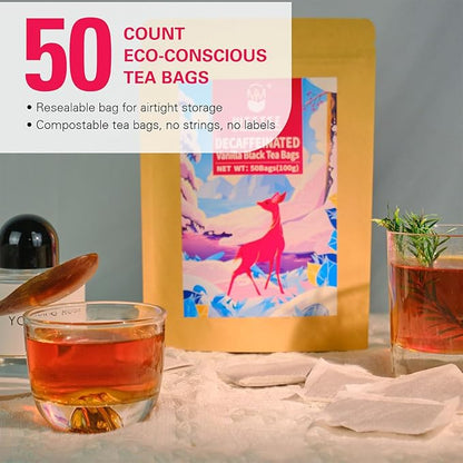 WT WEETEE Decaf Black Tea with Vanilla Flavor, 50 Count Decaffeinated Vanilla Black Teabags, CO2-Decaffeinated Black Tea | Drink All Day | Resealable Kraft Bag