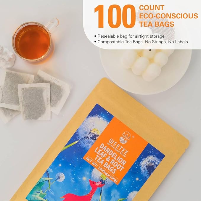 WT WEETEE Dandelion Leaf & Root Tea Bags, 100% Pure Dandelion Leaf and Roasted Dandelion Root Blend, Natural Caffeine-free Herbal Tea 2g x 100 Counts