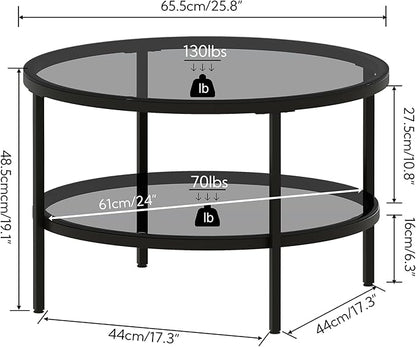 Yusong Round Glass Coffee Tables for Living Room, 2-Tier Circle Coffee Table with Storage, 26" Modern Center Accent Table with Light Black Glass, Small End Table for Small Space, Bedroom