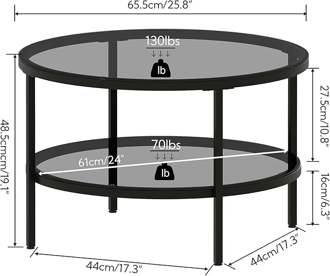 Yusong Round Glass Coffee Tables for Living Room, 2-Tier Circle Coffee Table with Storage, 26" Modern Center Accent Table with Light Black Glass, Small End Table for Small Space, Bedroom