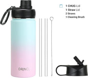 DRINCO Stainless Steel Water Bottle Spout Lid Vacuum Insulated Double Wall Water Bottle Wide Mouth (40oz 32oz 22oz 18oz 14oz) Leak Proof Keeps Cold or Hot (18 oz, 18oz Macaron)