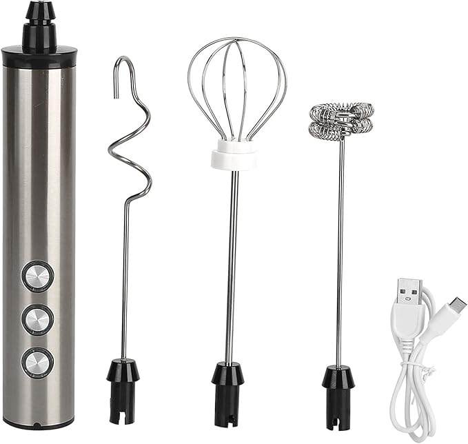 Stainless Steel Electric Milk Frother USB Charging Handheld Egg Beater for Kitchen Latte Art