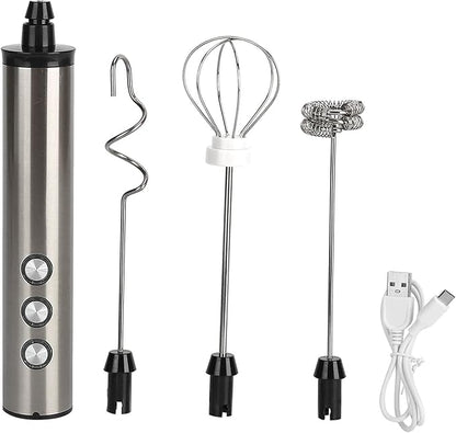 Stainless Steel Electric Milk Frother USB Charging Handheld Egg Beater for Kitchen Latte Art
