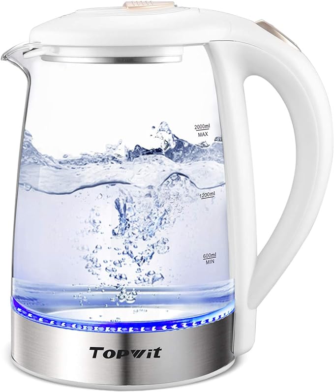 Topwit Electric Kettle Glass Electric Tea Kettle, 2L BPA-Free Hot Water kettle, Stainless Steel Inner Lid and Bottom Water Warmer, Fast Heating with Auto Shut-Off and Boil Dry Protection, White