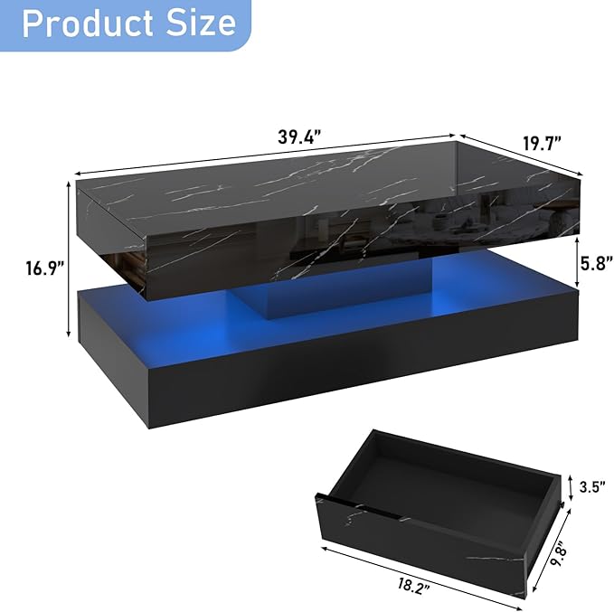 39.4" Large High-Glossy LED Coffee Table with 2 Sliding Drawers, Living Room Storage Coffee Tables with Marbling Print, Modern Stylish Double-Layer Center Tables w/LED Lights, Black