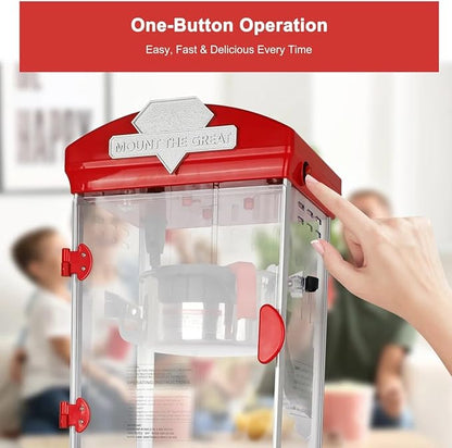 Portable Popcorn Machine with Cart & Wheels, 10 Oz Commercial Popcorn Maker with Kettle, Includes 3 Measuring Spoons for Home Theater, Parties, Events