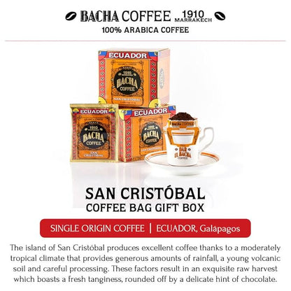 Bacha Coffee | San Cristóbal Ecuador Single Origin, 100% Arabica Specialty Coffee Beans, Medium Dark Roast, x12 Individually Wrapped Single Serve Filter Bags