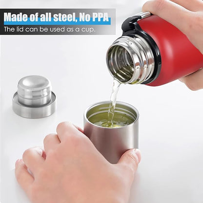 Insulated vacuum Thermo Bottle 750ml/25.4oz with cup Stainless steel coffee bottles for hot and cold drink water flask.(Red,750ml)
