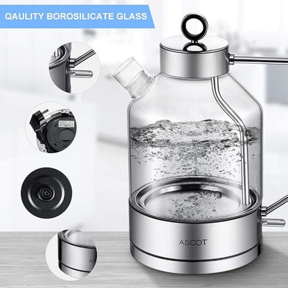 Electric Kettle, ASCOT Electric Tea Kettle 1.5L Glass Electric Kettle, Stainless Steel, BPA-Free, Cordless, Automatic Shutoff, Boil-Dry Protection (Silver)