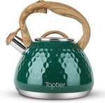 Load image into Gallery viewer, Tea Kettle, Toptier Teapot Whistling Kettle with Wood Pattern Handle Loud Whistle, Food Grade Stainless Steel Tea Pot for Stovetops Induction Diamond Design Water Kettle, 2.7-Quart Dark Green