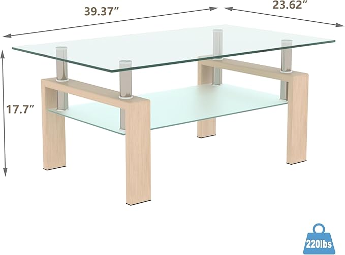 Glass Coffee Table Rectangle Living Room Center Table, 39inch Transparent Tempered Glass Tabletop and Beige Wood Grain Metal Legs, Beige + Clear Glass