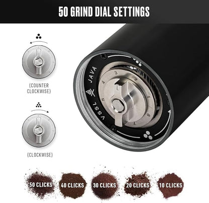 Java Manual Coffee Grinder, 20 Gram Capacity, Stainless Steel Burr, 50 Settings, Black